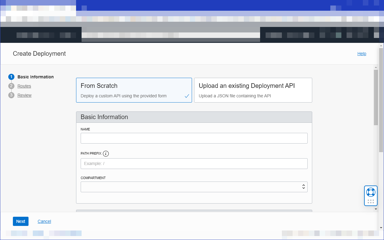 Click to expand This image shows the Basic Information page of the Create Deployment workflow, with the From Scratch option selected. Other fields are empty by default.