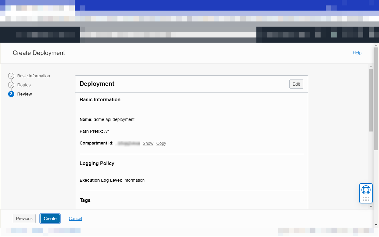 Click to expand This image shows Review page of the Create Deployment workflow. In the Basic Information section, the Name field contains acme-api-deployment, and the Path Prefix field contains /v1. In the Logging Policy section, the Execution Log Level field contains Information.