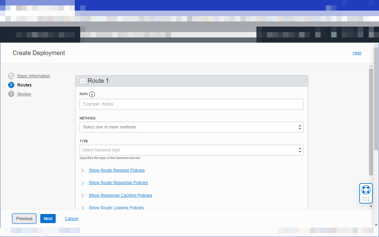 Click to expand This image shows the Routes page of the Create Deployment workflow, with all fields empty by default.