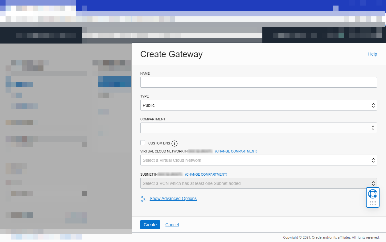 Click to expand This image shows the Create Gateway dialog, with all fields empty by default, except for the Type field which is set to Public by default.