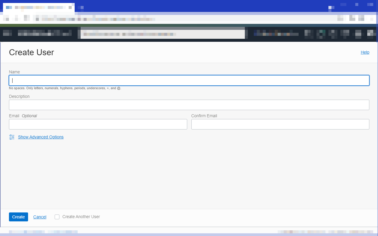 Click to expand This image shows the Create User dialog, with empty Name, Description, Email, and Confirm Email fields.