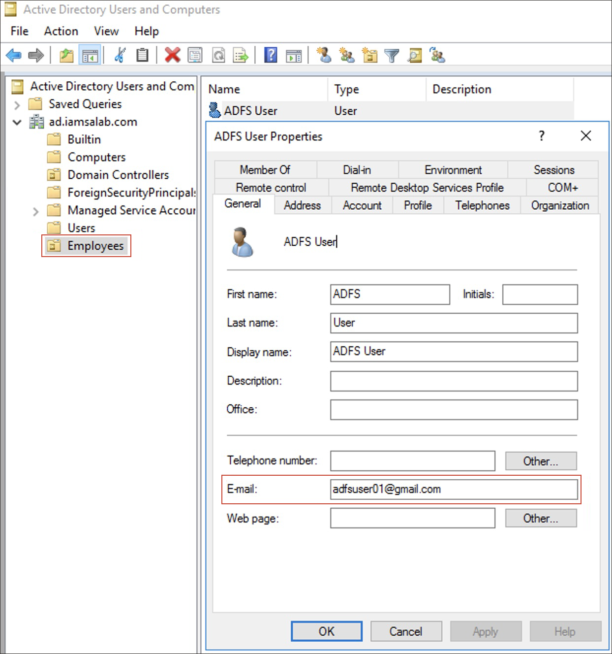 Click to expand User in Active Directory Users and Computers utility