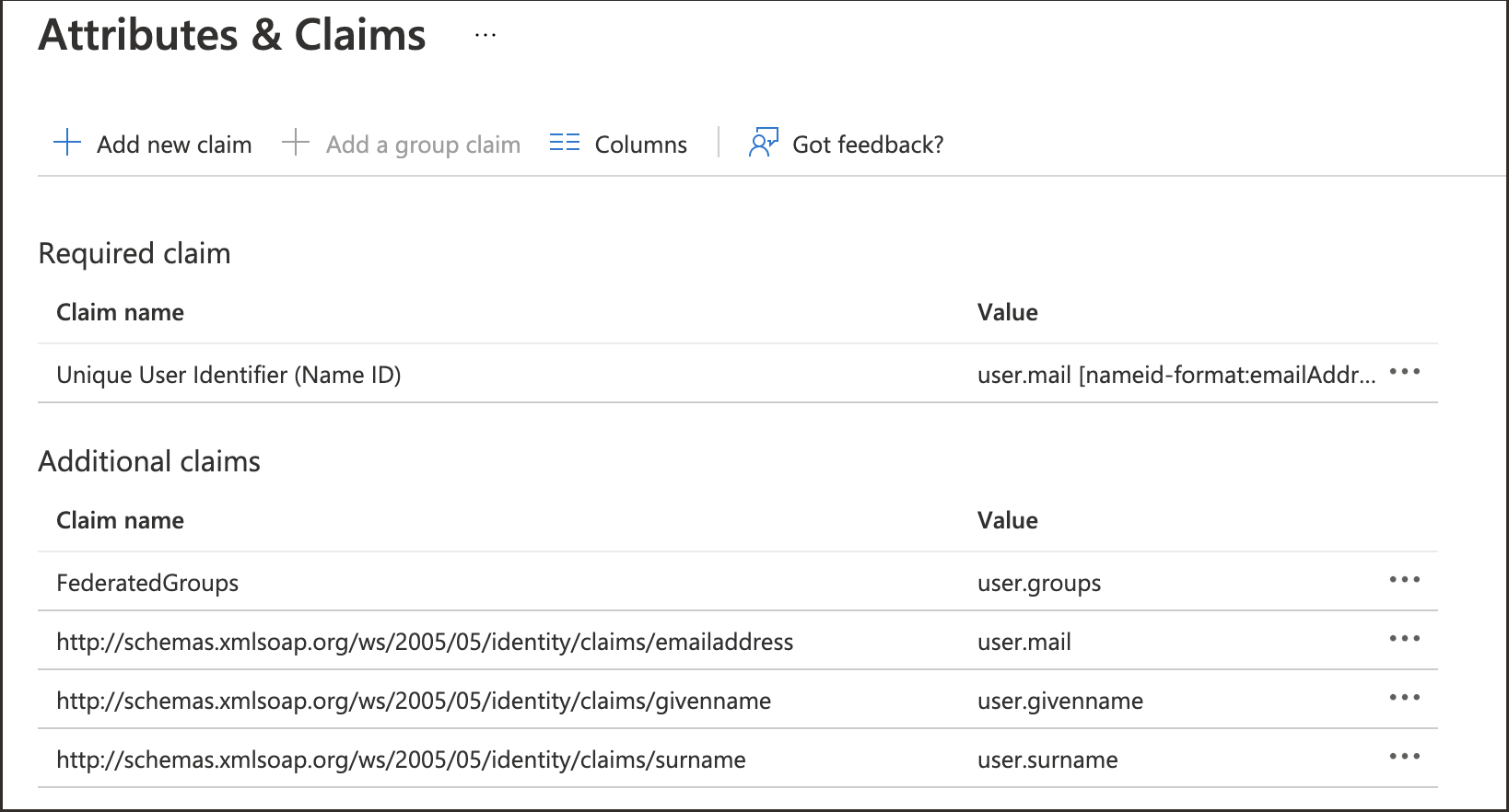 Click to expand Attributes and claims