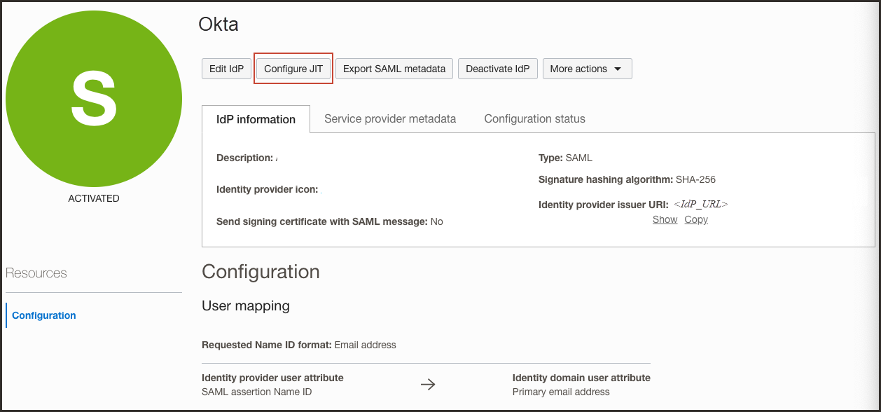 Click to expand Configuration page for the Okta identity provider in IAM