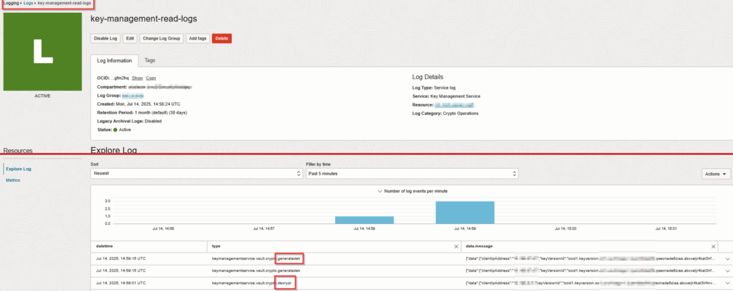 Click to expand An image of a service log details page for KMS crypto operations.