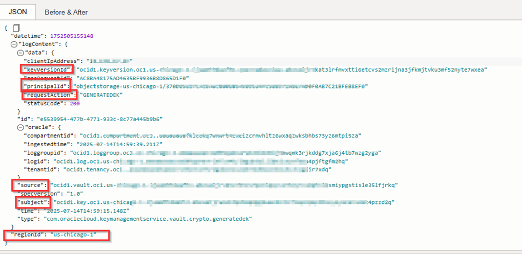 Click to expand An image of a KMS service log entry in the JSON format.