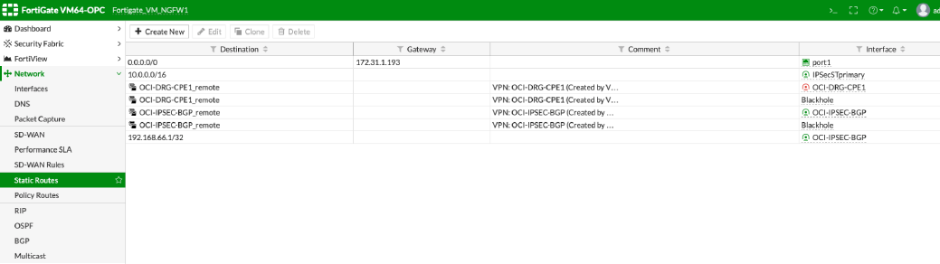 This image shows the static route to the Oracle BGP IP address through the tunnel.