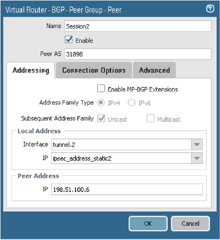 Click to expand This image shows the BGP peer Addressing tab.