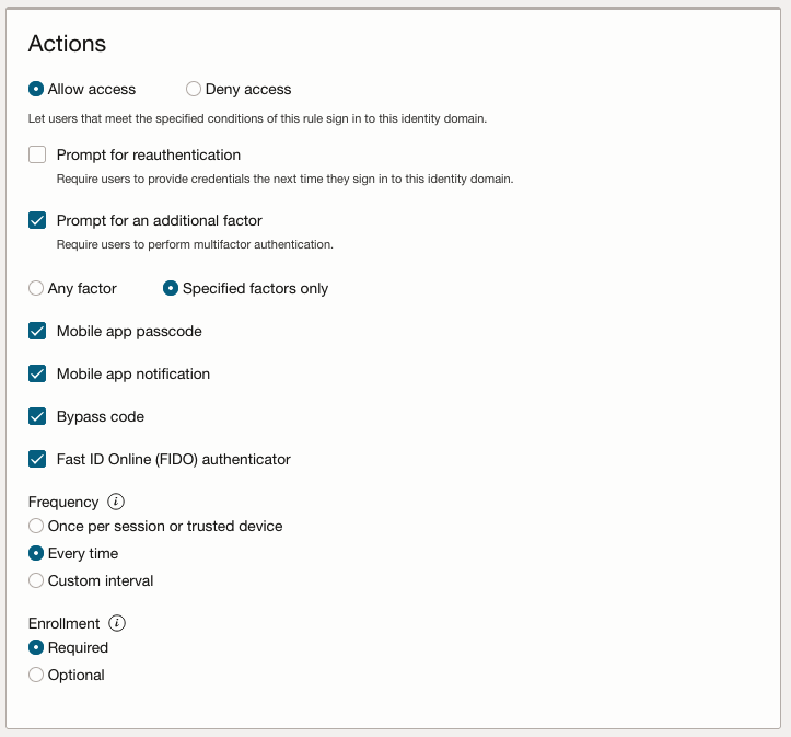 Click to expand MFA sign-on rule screen with actions selected as a best practice.