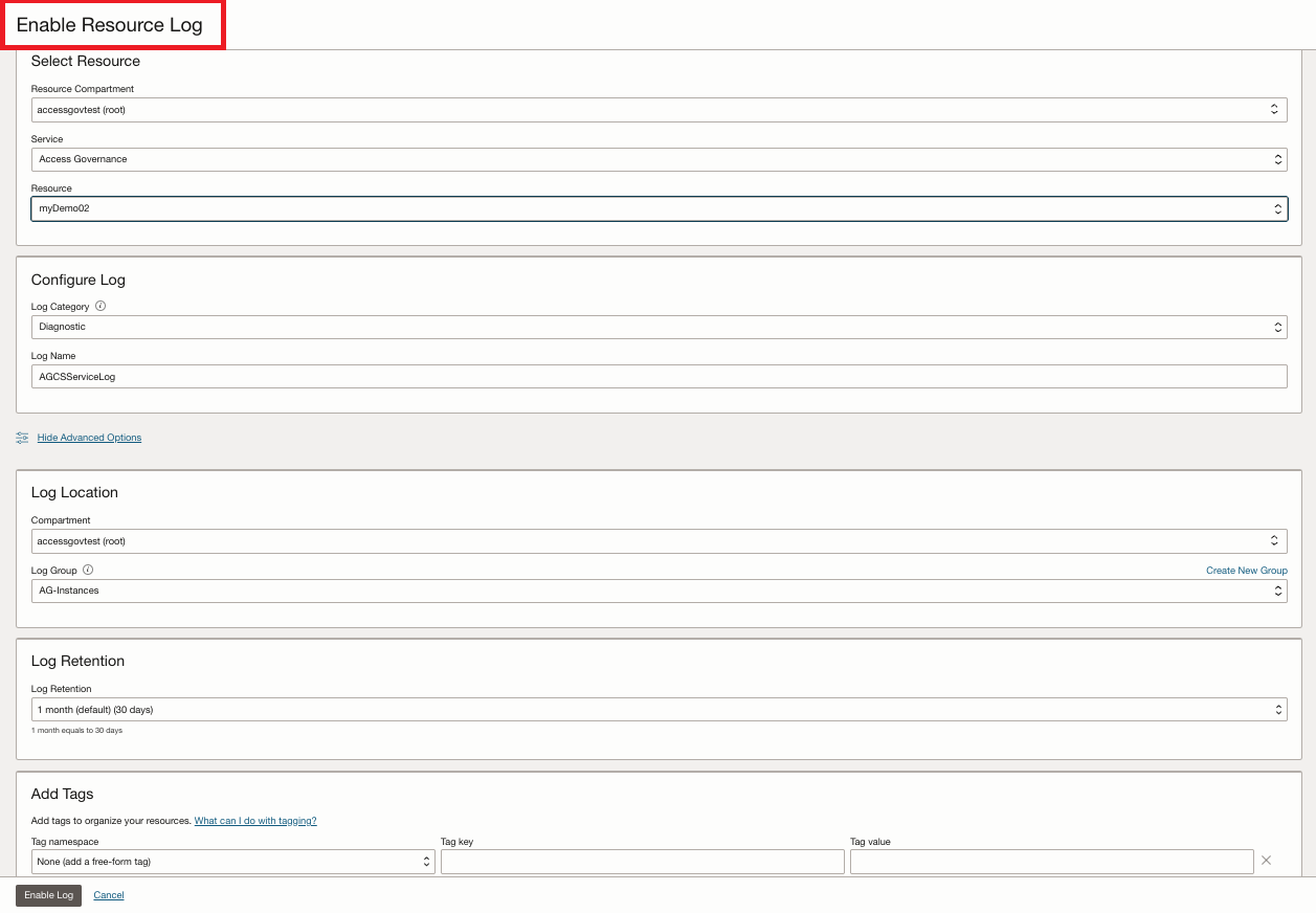 Enable Resource Log Panel