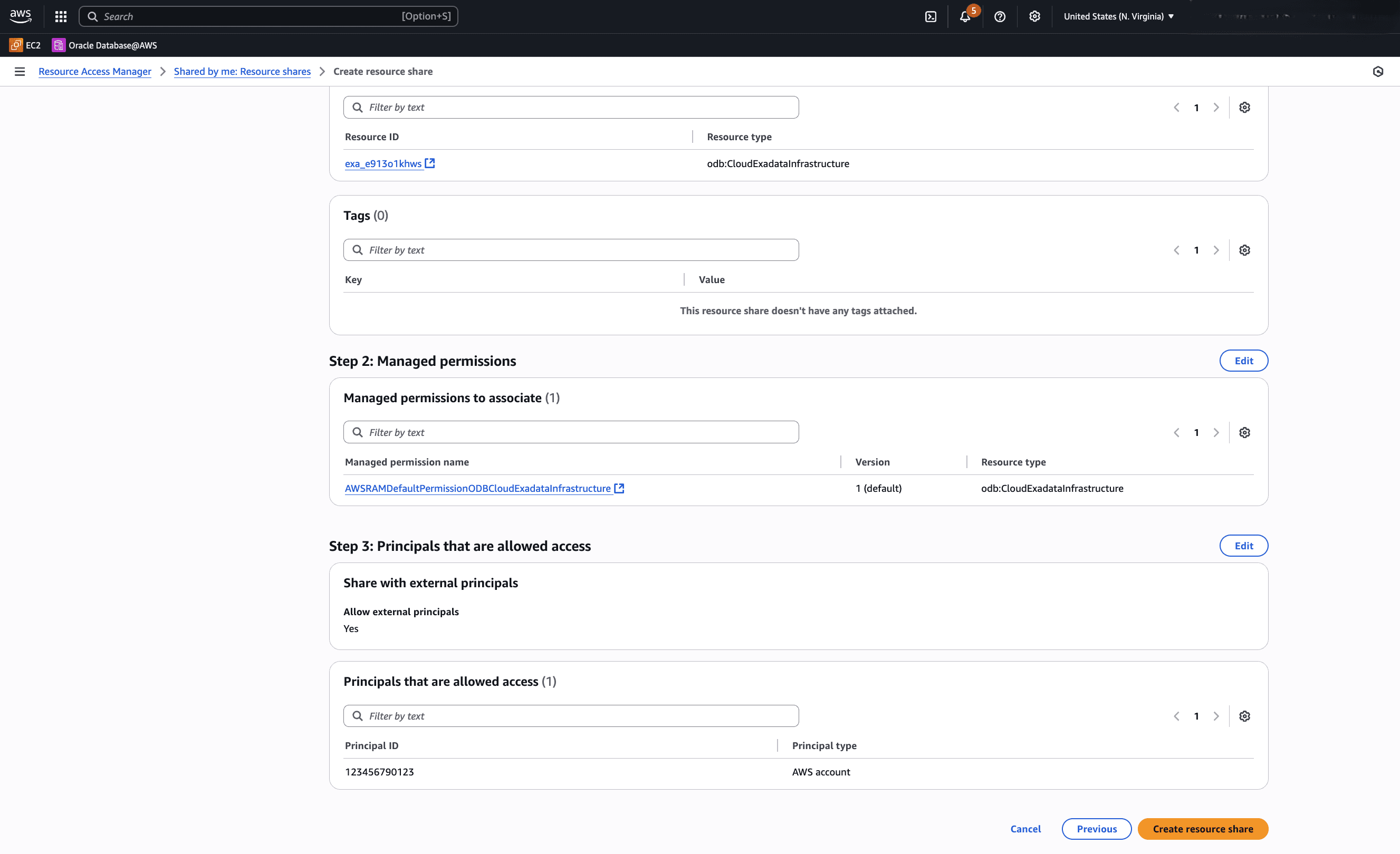 This screenshot shows how to create a resource share.