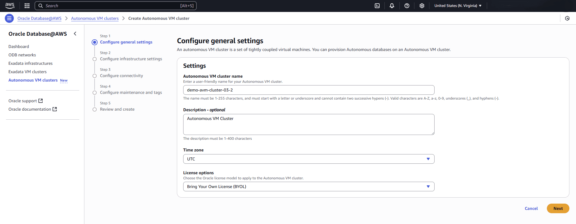 This screenshot shows the first part of creating an Autonomous VM Cluster.