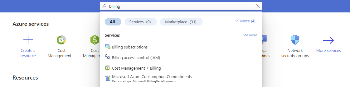 Click to expand An image of a search in the Azure portal search tool for "Billing".