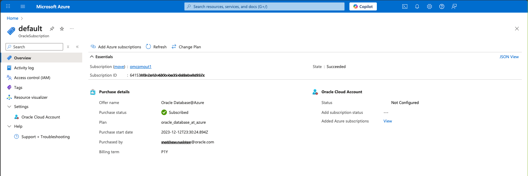 Click to expand An image of the Azure portal showing the Oracle purchase details page.