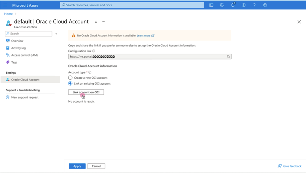 Click to expand An image of the Azure portal showing the Oracle purchase page with the option to use an existing OCI account selected.