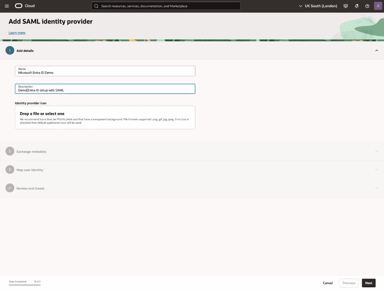 Click to expand An image of the OCI Console showing the Identity providers page and the selection of the Add SAML IdP operation.