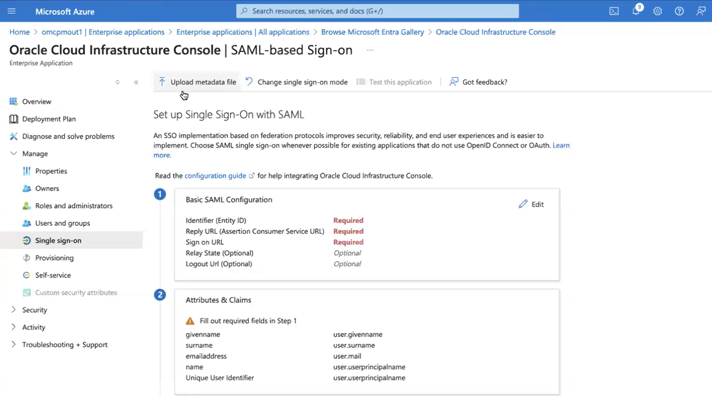 Click to expand An image of the Azure portal showing the upload metadata file button on the SAML-based Sign-on page.