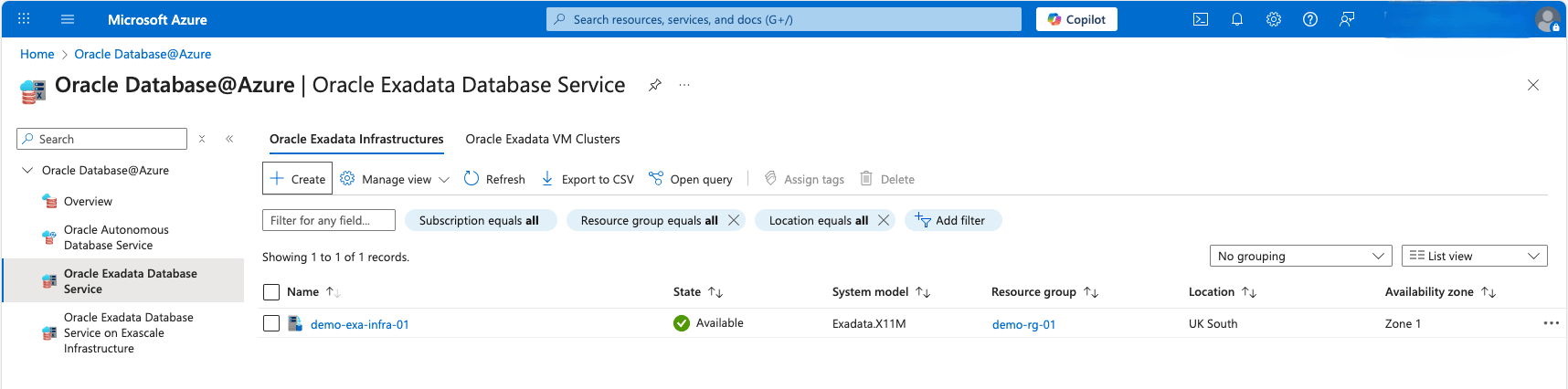 This screenshot shows the last step of creating an Exadata Infrastructure This screenshot shows the last step of creating an Exadata Infrastructure