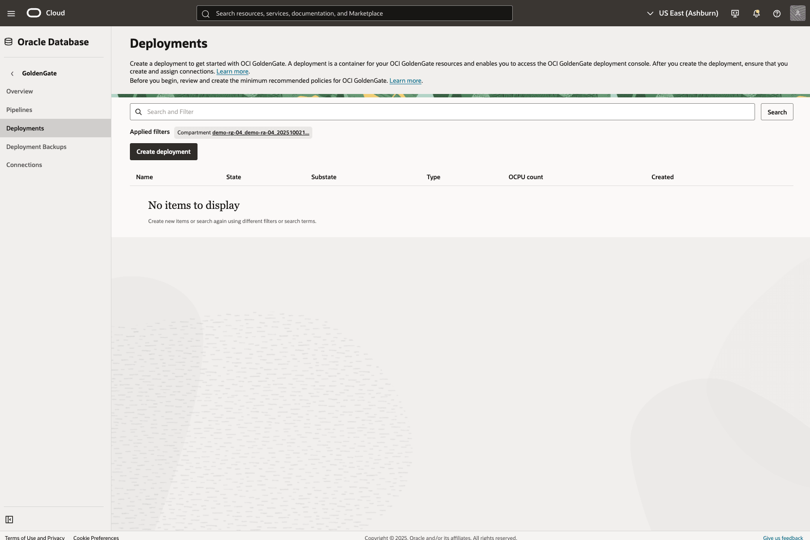 This screenshot shows how to create GoldenGate deployment.