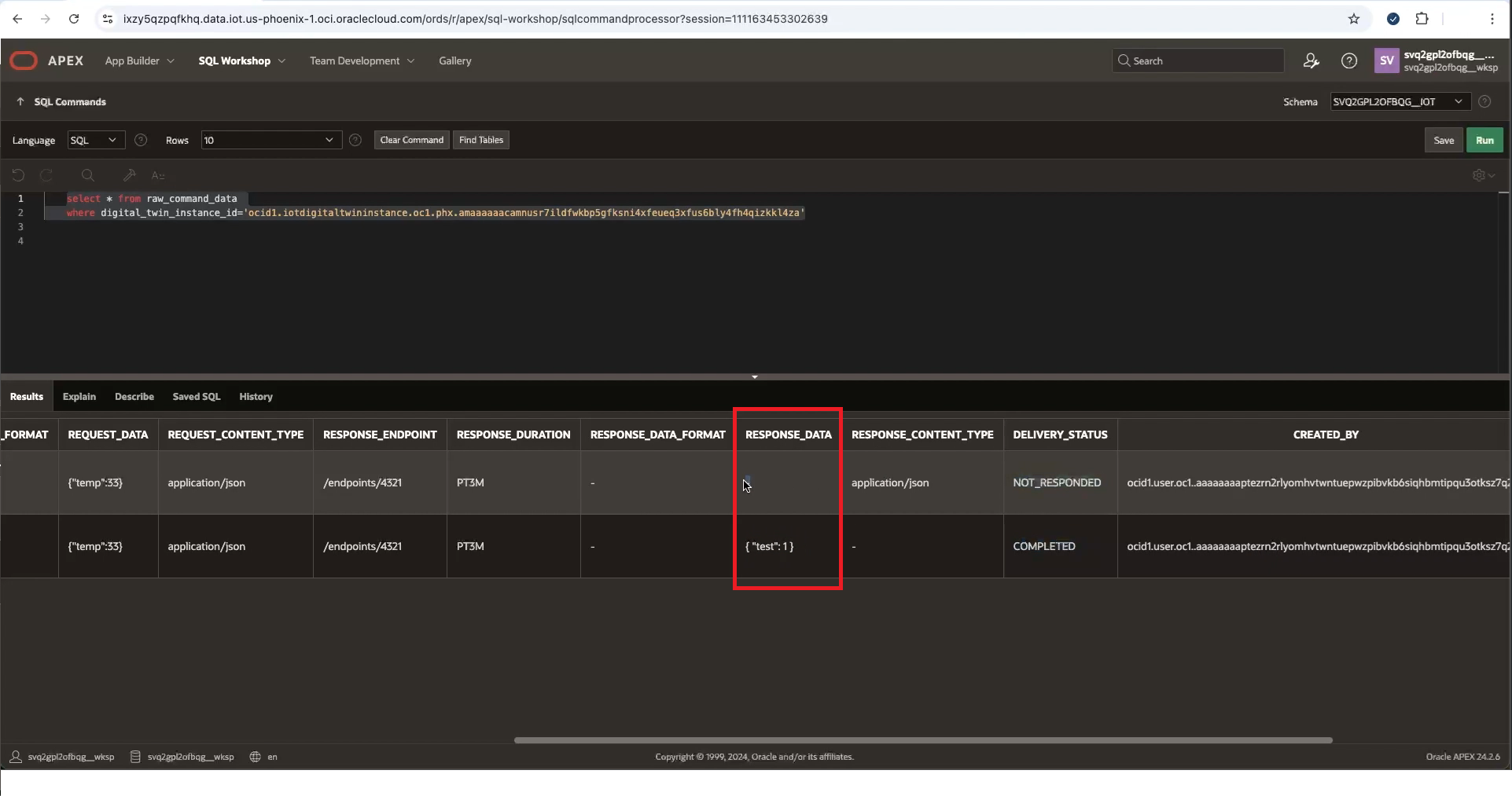 View the device's response data in APEX.