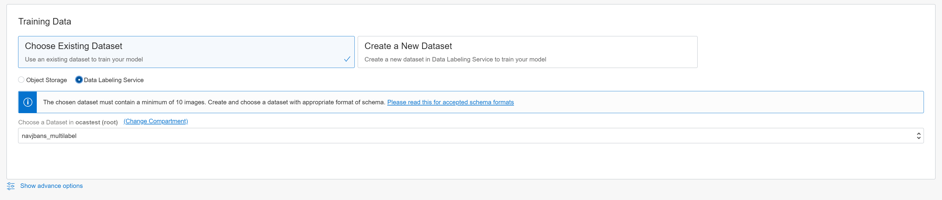 Select Existing Dataset selected, as is Data Labeling Service. A dataset is selected from the list.