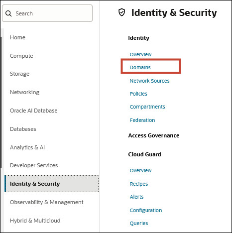 Identity & Security category showing Domains Identity & Security category showing Domains