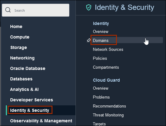 Identity & Security category showing Domains Identity & Security category showing Domains