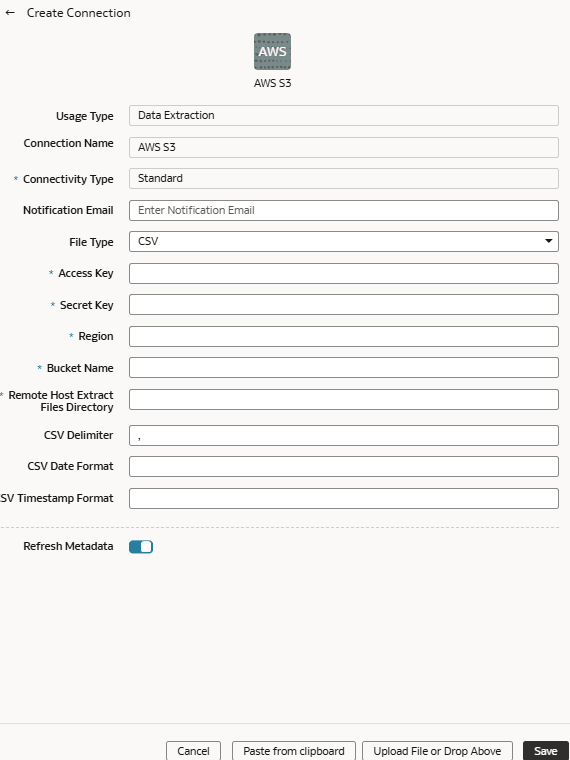 Create Connection for AWS S3 dialog Create Connection for AWS S3 dialog