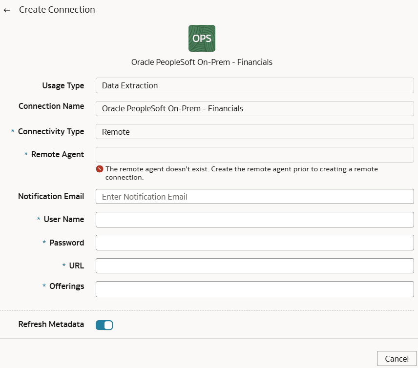 Create Connection for Oracle PeopleSoft On-Prem - Financials dialog Create Connection for Oracle PeopleSoft On-Prem - Financials dialog