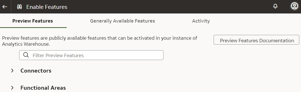 Enable Features page displaying the features available for preview. Enable Features page displaying the features available for preview.
