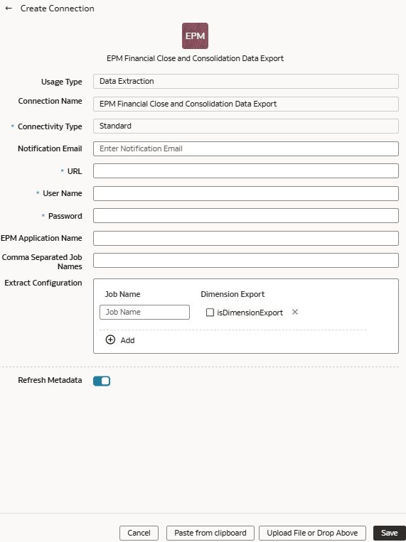 EPM Financial Close and Consolidation Data Export Create Connection dialog EPM Financial Close and Consolidation Data Export Create Connection dialog