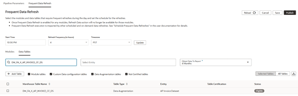 Frequent Data Refresh dialog: Select Table