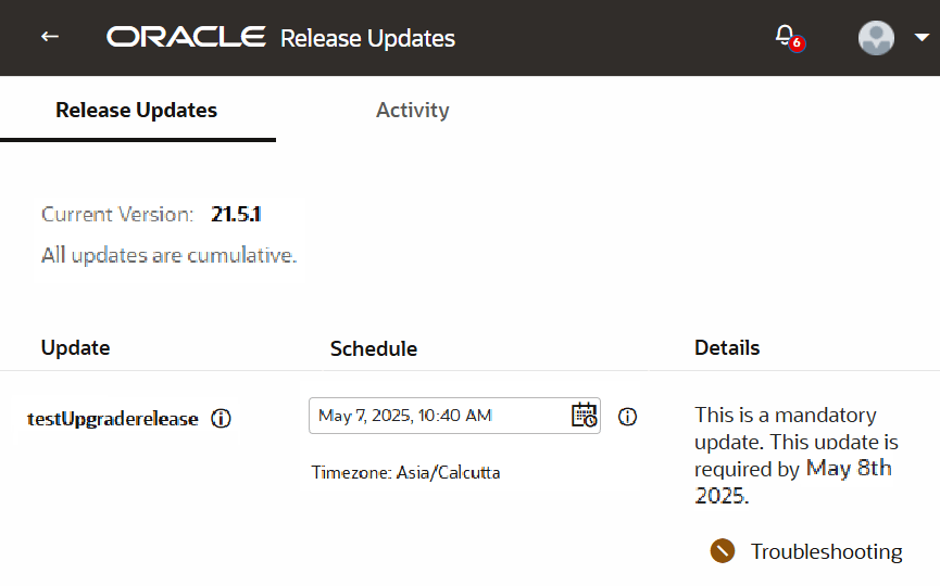 Troubleshooting icon on the Release Updates page