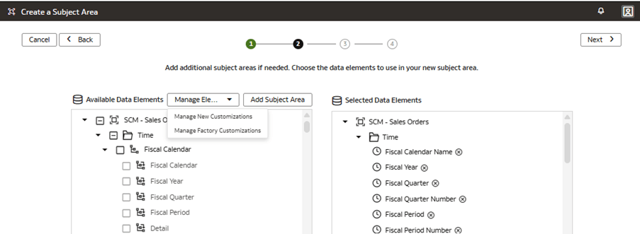 Step 2 of the wizard on the Create a Subject Area page displaying the Manage Elements list of values Step 2 of the wizard on the Create a Subject Area page displaying the Manage Elements list of values