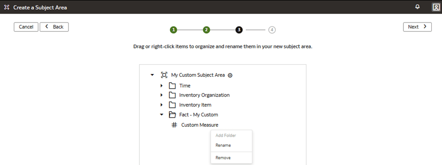 Step 3 of the wizard on the Create a Subject Area page displaying how the custom fact appears in the model Step 3 of the wizard on the Create a Subject Area page displaying how the custom fact appears in the model