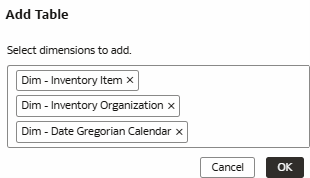 Add Table dialog Add Table dialog