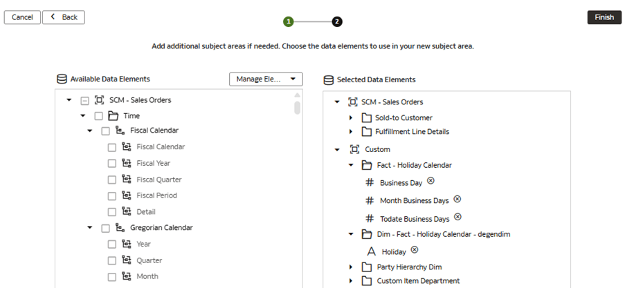 Step 2 of the wizard on the Modify a Subject Area - SCM - Sales Orders page displaying the selected data elements