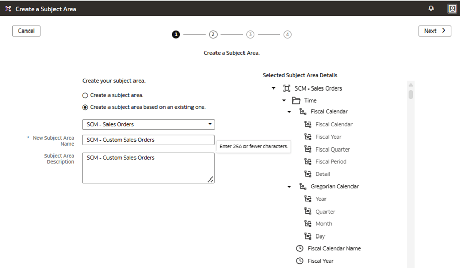 Step 1 of the wizard on the Create a Subject Area page Step 1 of the wizard on the Create a Subject Area page