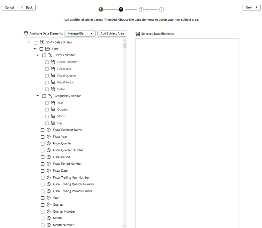Step 2 of the wizard on the Create a Subject Area page Step 2 of the wizard on the Create a Subject Area page
