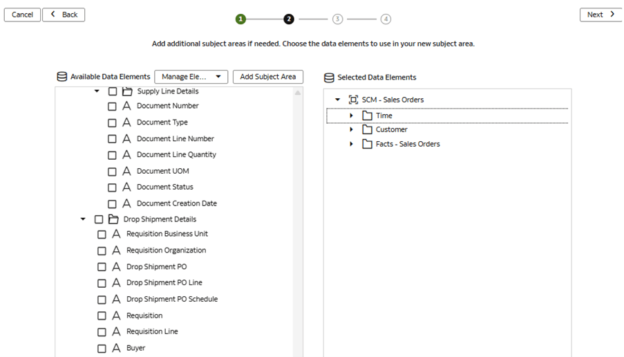 Step 2 of the wizard on the Create a Subject Area page displaying the selected data elements Step 2 of the wizard on the Create a Subject Area page displaying the selected data elements