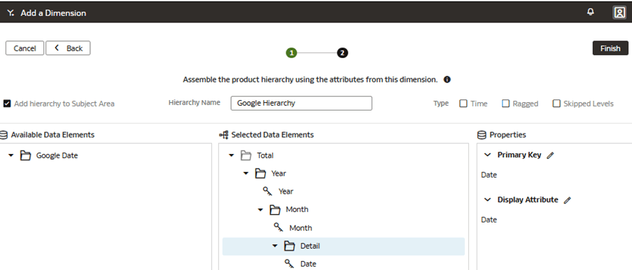 Step 2 of the wizard on the Add a Dimension page displaying how to set the primary key and display attribute at the Detail level