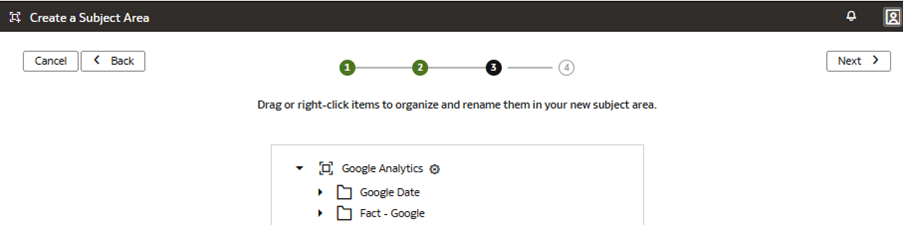 Step 3 of the wizard on the Create a Subject Area page displaying how to rename and reorder items