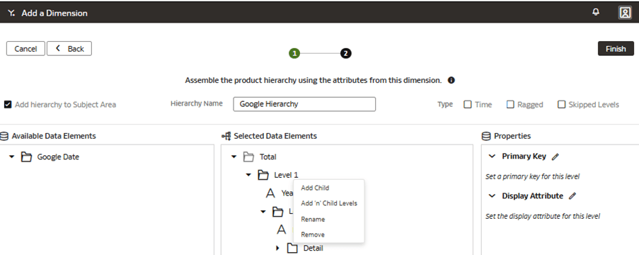 Step 2 of the wizard on the Add a Dimension page displaying how to rename the levels and drag corresponding columns into each level folder