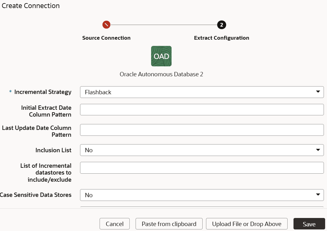 Create Connection for Oracle Autonomous Database dialog displaying the Extract Configuration tab Create Connection for Oracle Autonomous Database dialog displaying the Extract Configuration tab
