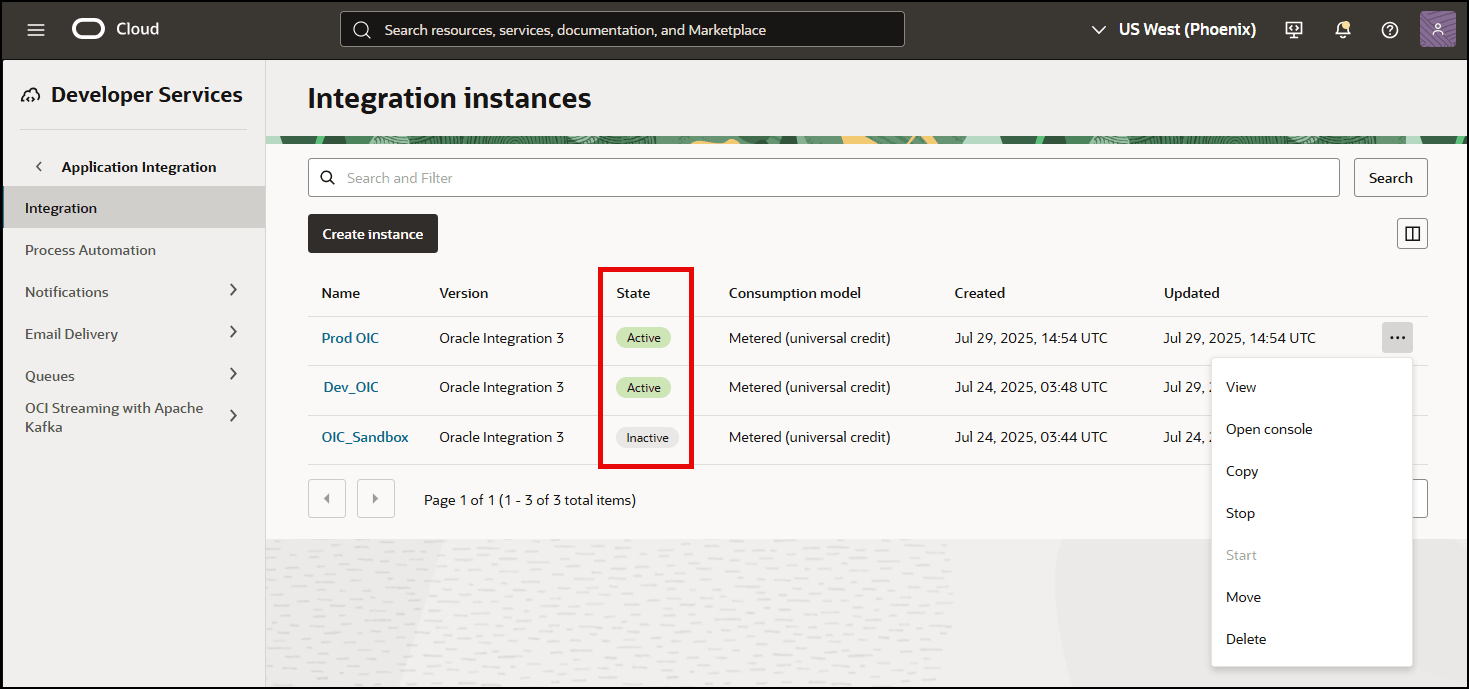 List of Oracle Integration instances showing active and inactive states List of Oracle Integration instances showing active and inactive states