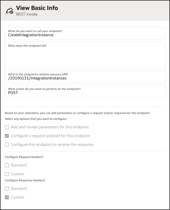 REST invoke with CreateIntegrationInstance as the endpoint and POST as the action. The endpoint's URI is also shown, but isn't pertinent to the example.