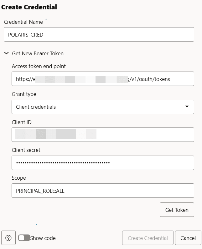 Description of create-credential-polaris.png follows Description of create-credential-polaris.png follows