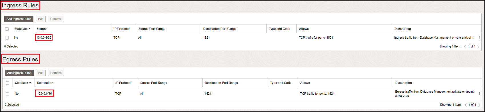 Security rules in a Security List to enable communication between a Database Management private endpoint and a Virtual Machine DB system's VCN Security rules in a Security List to enable communication between a Database Management private endpoint and a Virtual Machine DB system's VCN