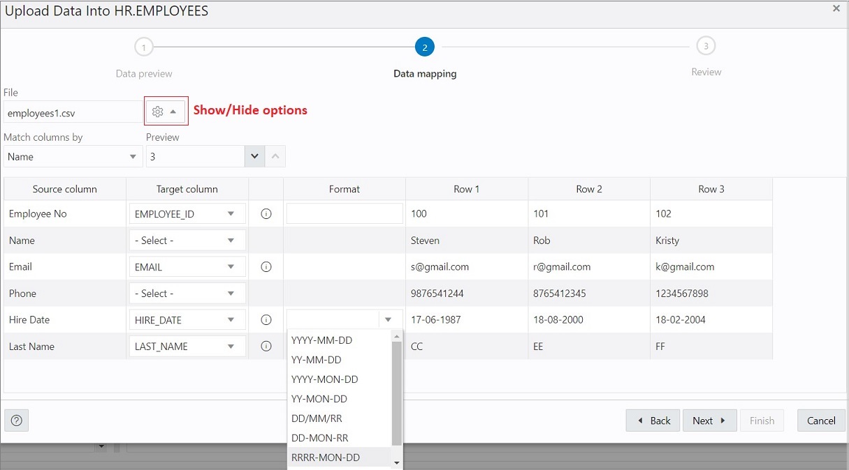This image depicts the Data Mapping step when loading data to an existing table in SQL Worksheet. This image depicts the Data Mapping step when loading data to an existing table in SQL Worksheet.