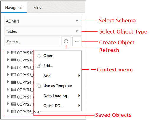 This image depicts the left pane in the SQL Worksheet. This image depicts the left pane in the SQL Worksheet.